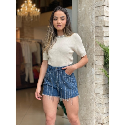 Short Fem Jeans Bordado Com Lantejolas