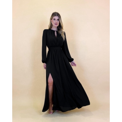 Vestido Crepp Longo Com Pregas Cinto E Fenda Lateral
